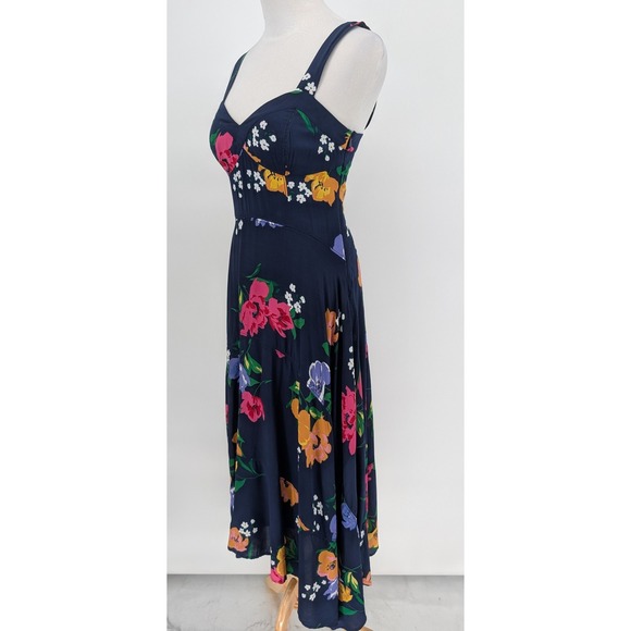 Maeve Vivienne Floral Midi Dress 2 Navy Blue Handkerchief Hem Cottagecore Boho - Picture 4 of 13